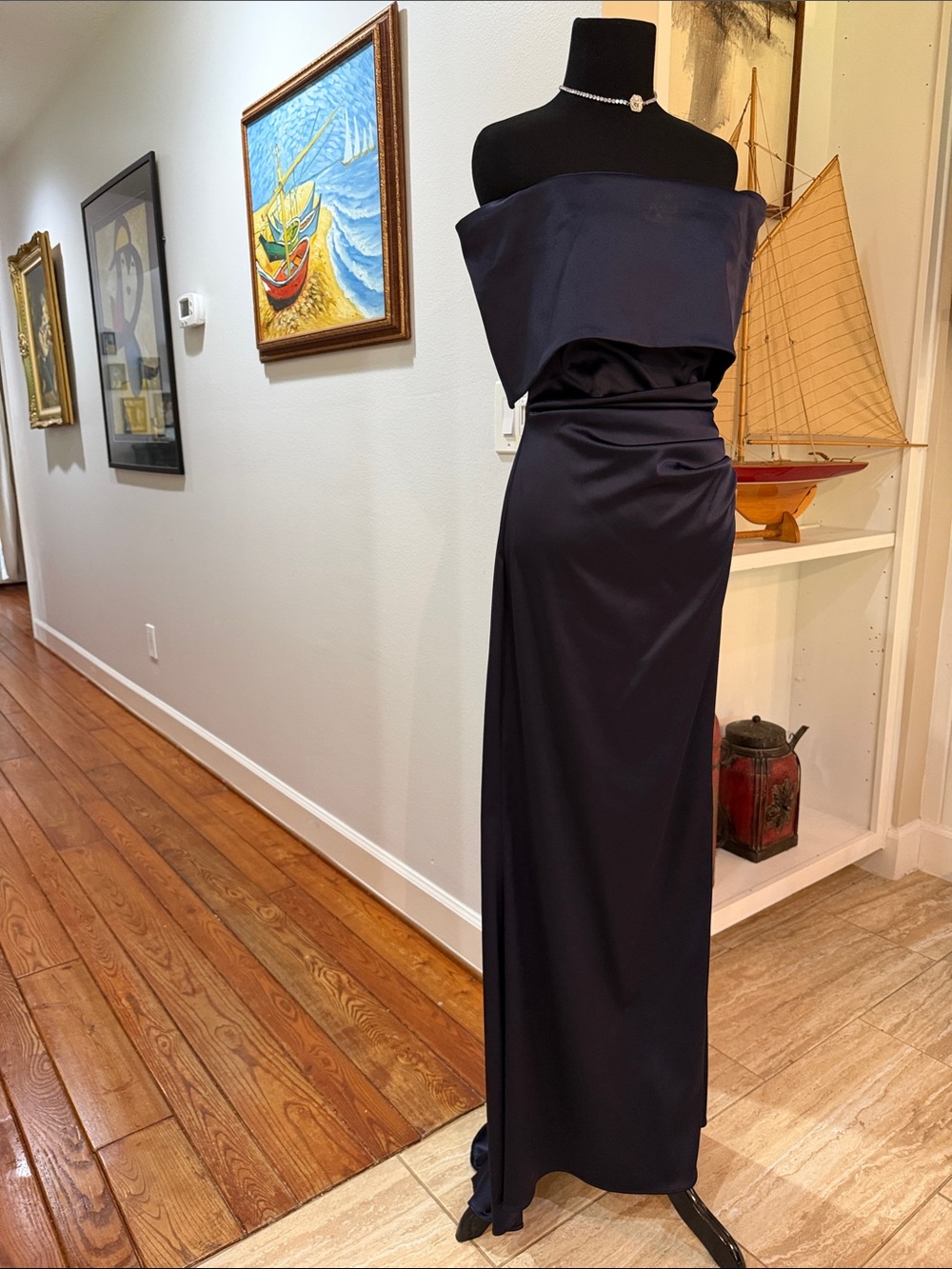 Vince Camuto Navy Satin Evening Dress